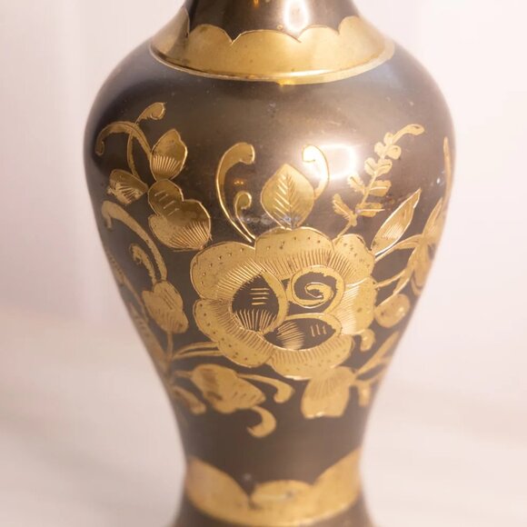 Tall Silver and Gold Tone Brass Vase with Floral Designs & Ruffle Edge - Picture 3 of 5